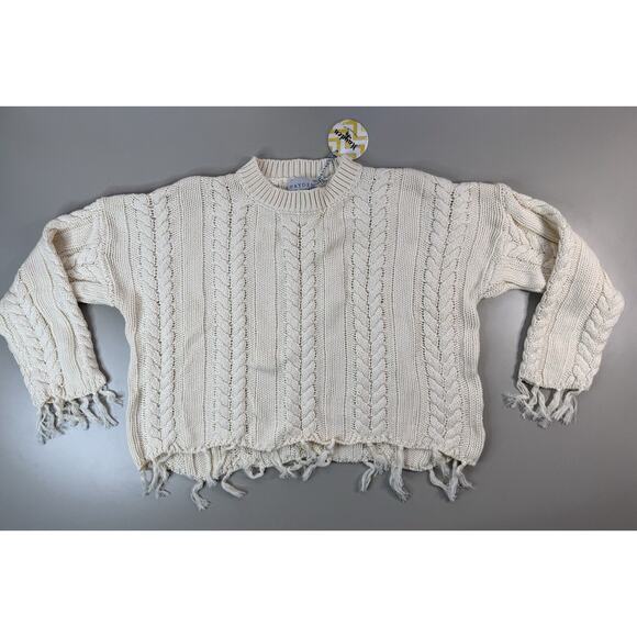Hayden Sweaters - Hayden Los Angeles Womens Sweater Med Ivory Fisherman Chunky Knit Fringe Cropped
